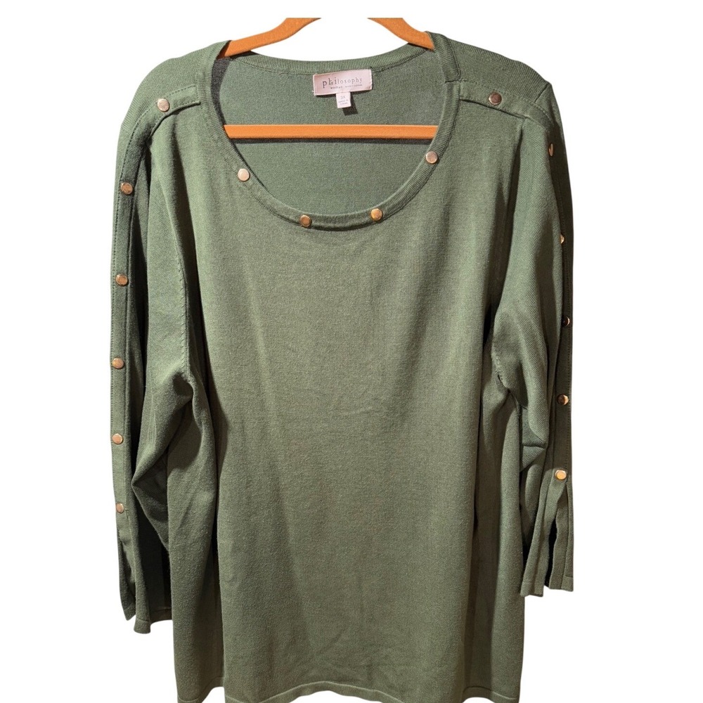 Philosophy Woman Olive Green Gold Studded Button Knit Top Plus 3X‎ Relaxed Tunic